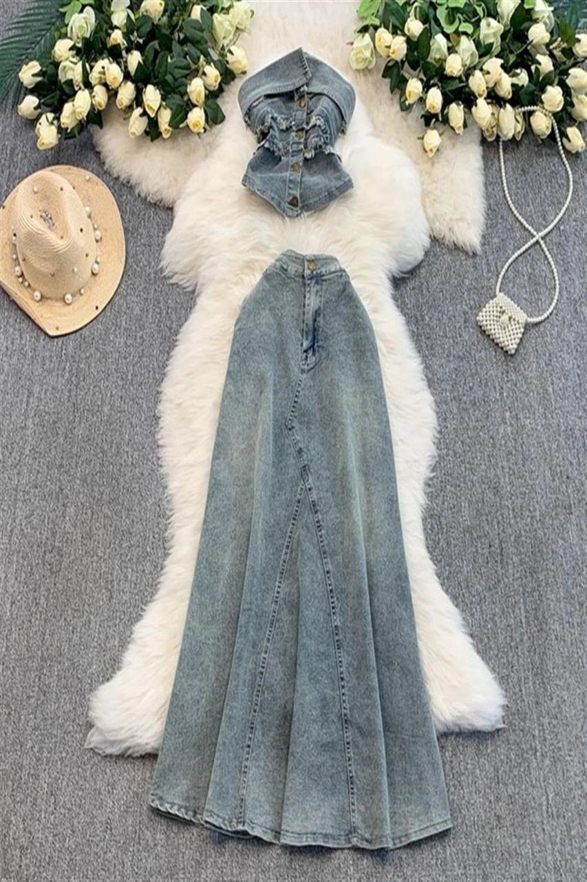 CONJUNTO DENIM TOP STRAPLESS