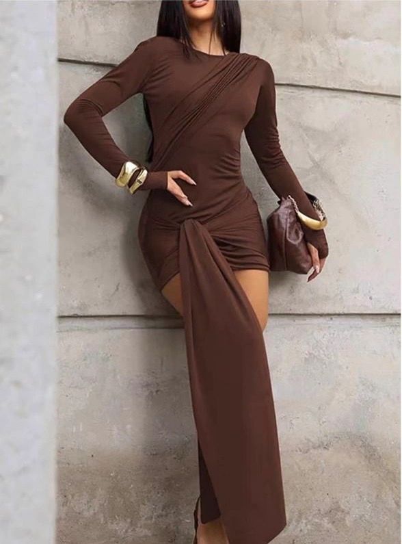 VESTIDO CAFE DRAPEADO