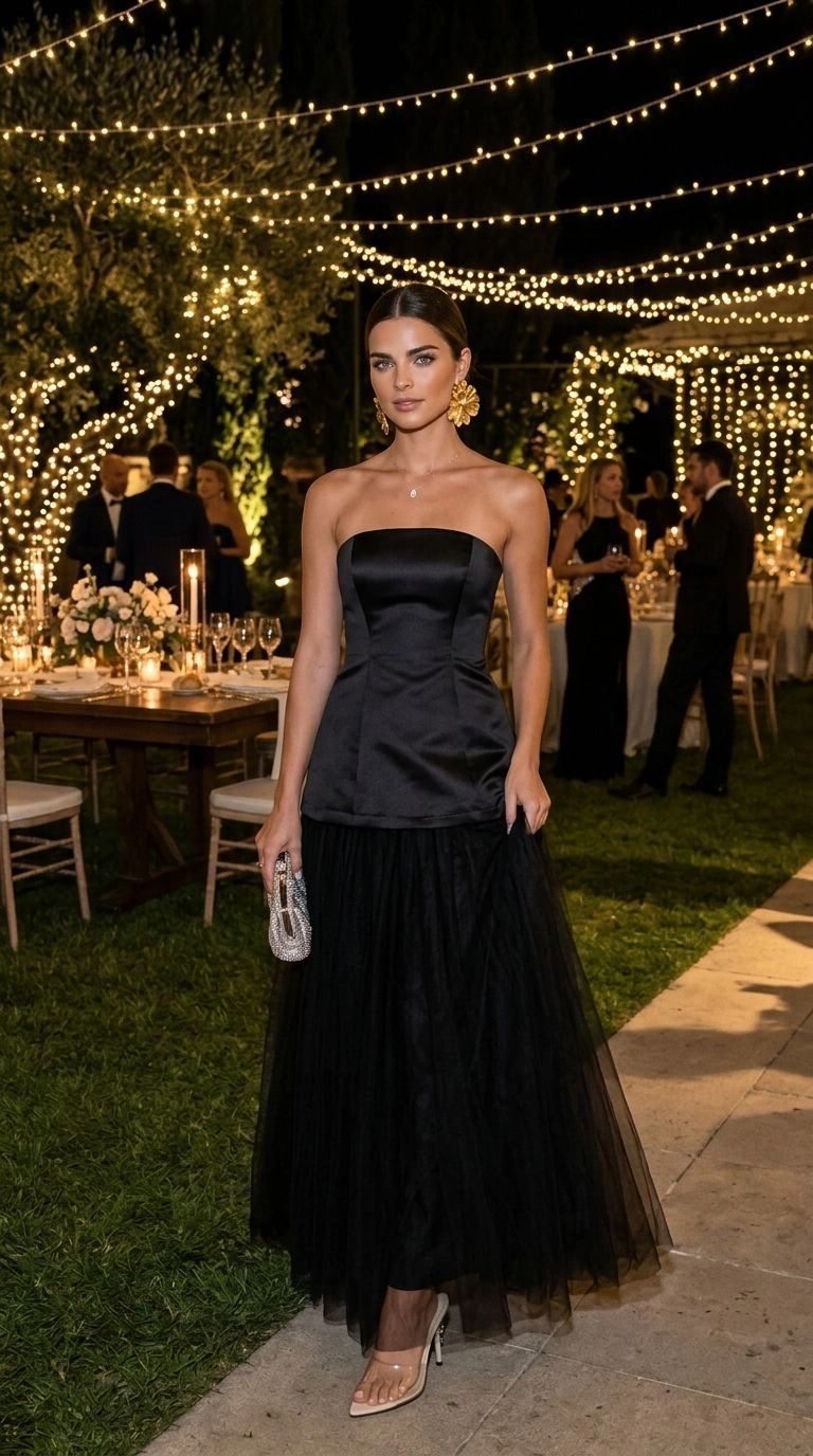 VESTIDO STRAPLESS MESH Y SATIN