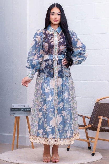 VESTIDO MIDI FLORES AZUL