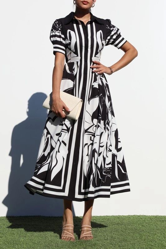 VESTIDO MIDI ESTAMPADO BLANCO Y NEGRO