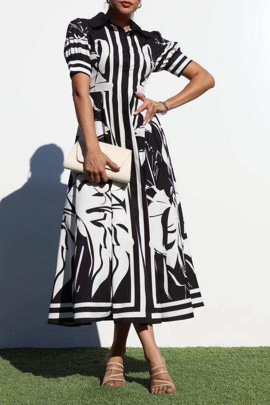 VESTIDO MIDI ESTAMPADO BLANCO Y NEGRO