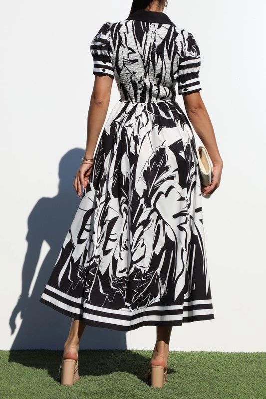 VESTIDO MIDI ESTAMPADO BLANCO Y NEGRO