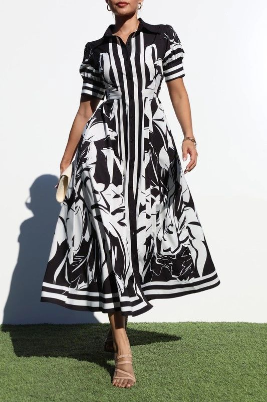 VESTIDO MIDI ESTAMPADO BLANCO Y NEGRO