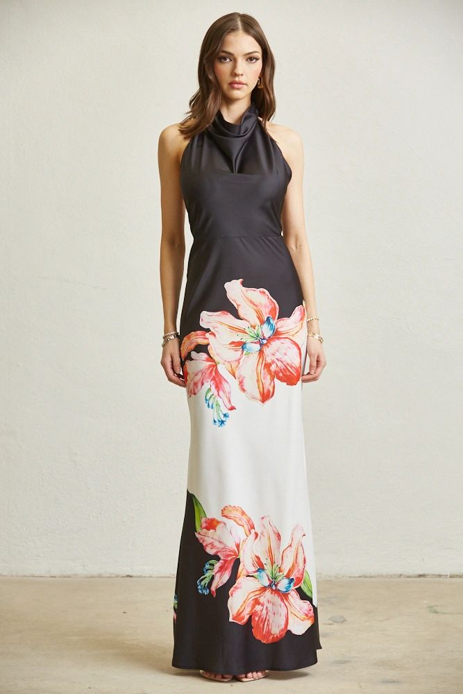VESTIDO NEGRO ESTAMPADO TROPICAL
