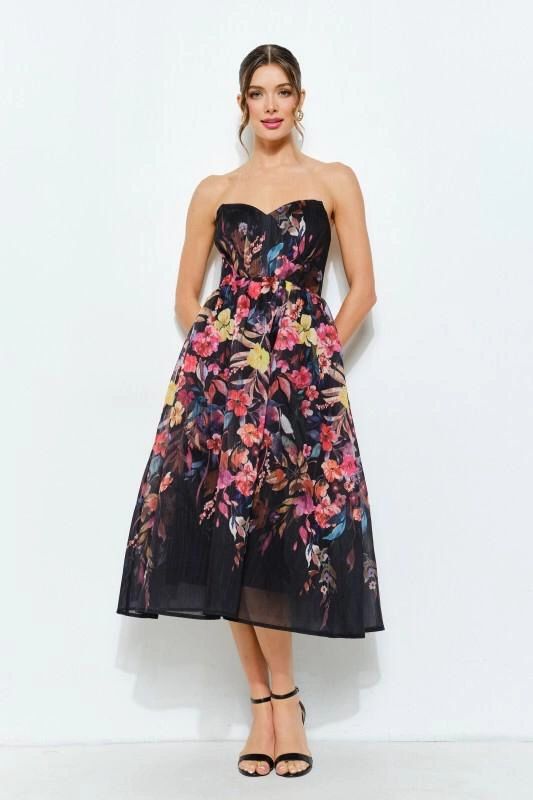 VESTIDO STRAPLESS NEGRO/FLORES