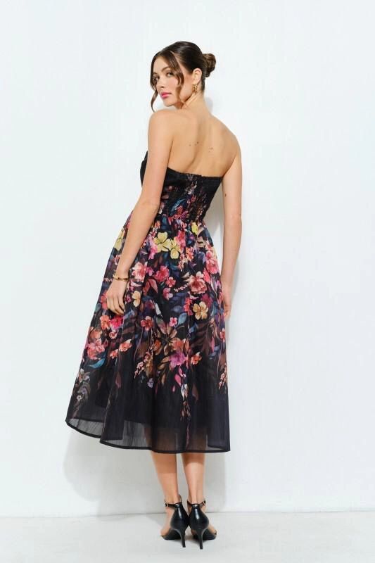 VESTIDO STRAPLESS NEGRO/FLORES