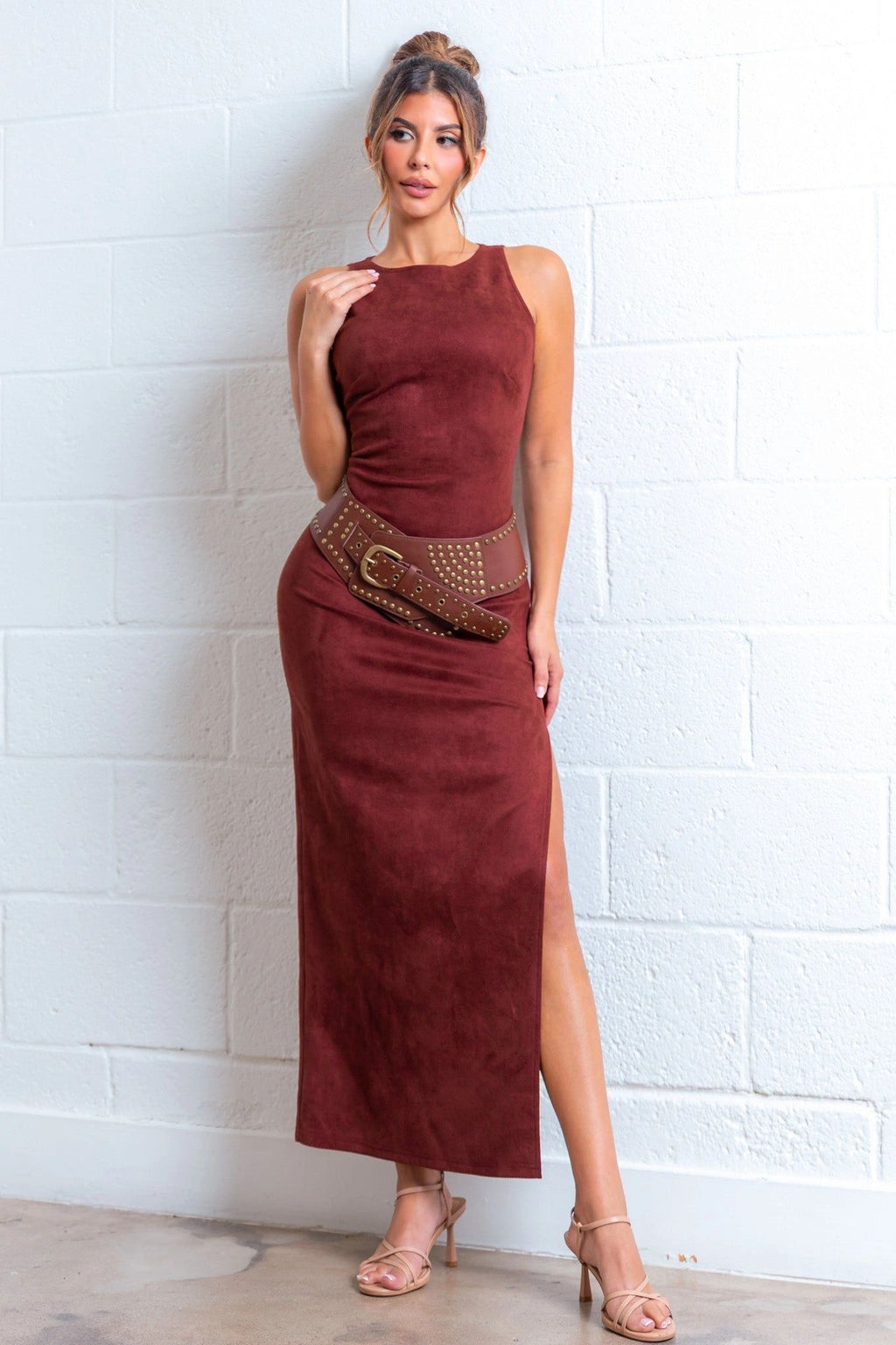 VESTIDO SUEDE STRETCH TINTO (INCLUYE CINTURÓN)
