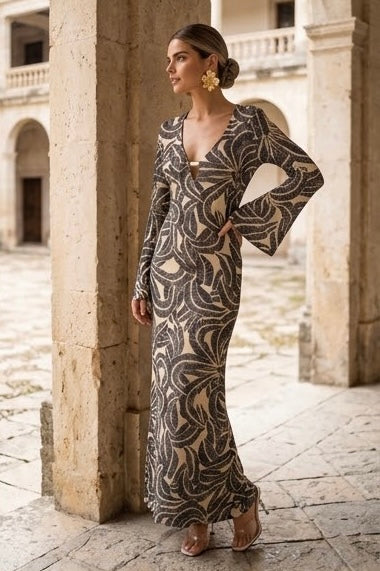 VESTIDO ESTAMPADO EN IVORY/NEGRO