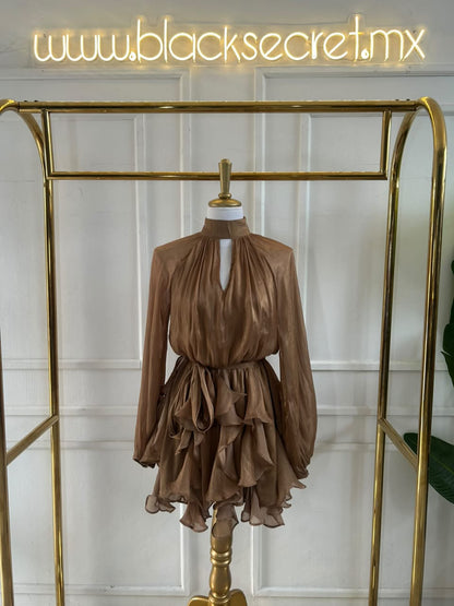 VESTIDO RUFFLE CHIFÓN CAFE